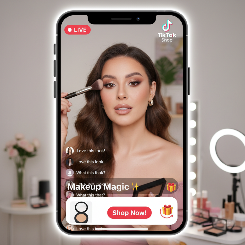 Female creator in TikTok Shop phone frame, demonstrating makeup tutorials.