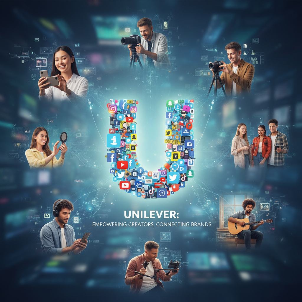 Unilever logo with social media icons and a creator, symbolizing marketing in the creator economy.