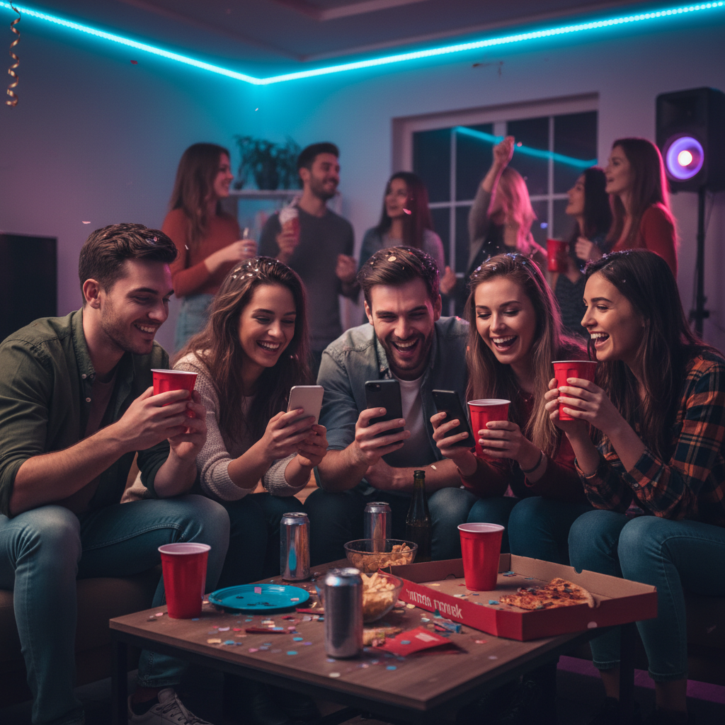 Young adults at a party, looking at phones, smiling and drinking.